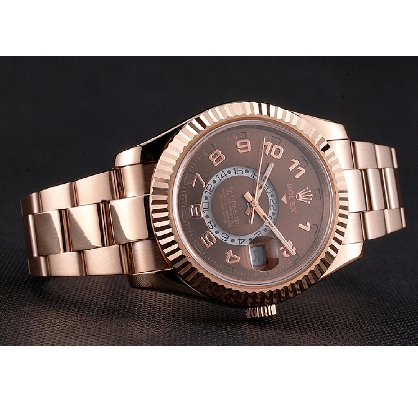 Aaa replica Gold Ad Brown Dweller Rolex Sky Bracelet Case Dial Rose 0713